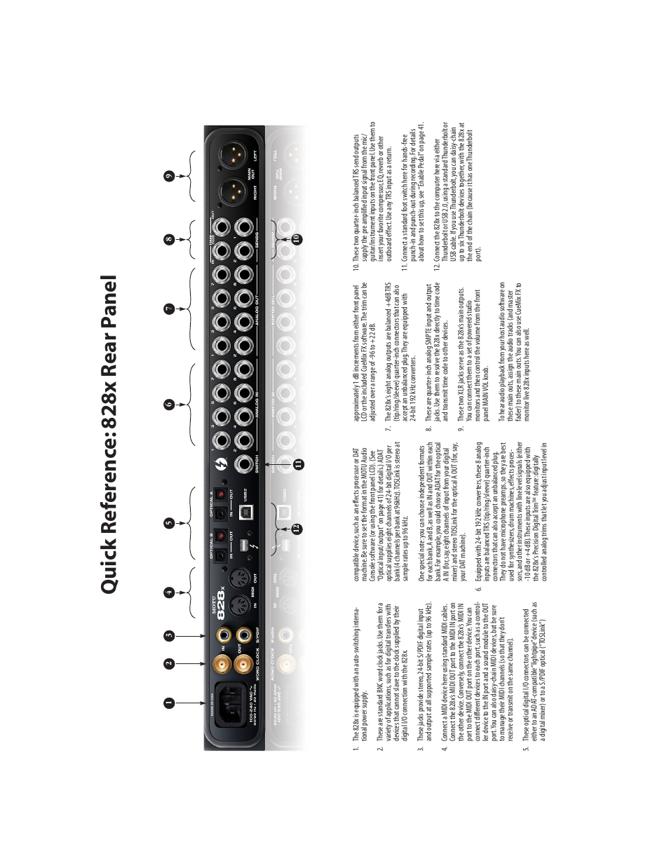 Quick reference: 828x rear panel, Quick ref e re nc e: 828x rear p a nel | MOTU 828x 28x30 Audio Interface with ThunderTechnology User Manual | Page 8 / 126