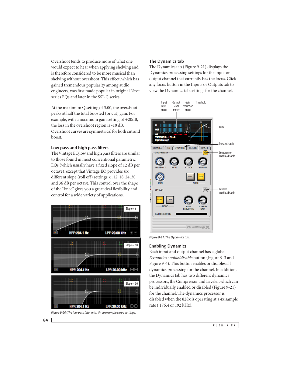 Low pass and high pass filters, The dynamics tab, Enabling dynamics | MOTU 828x 28x30 Audio Interface with ThunderTechnology User Manual | Page 84 / 126