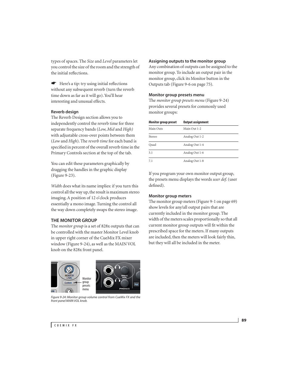 Reverb design, The monitor group, Assigning outputs to the monitor group | Monitor group presets menu, Monitor group meters, Ammed t, Ol an, The monit, Or gr | MOTU 828x 28x30 Audio Interface with ThunderTechnology User Manual | Page 89 / 126