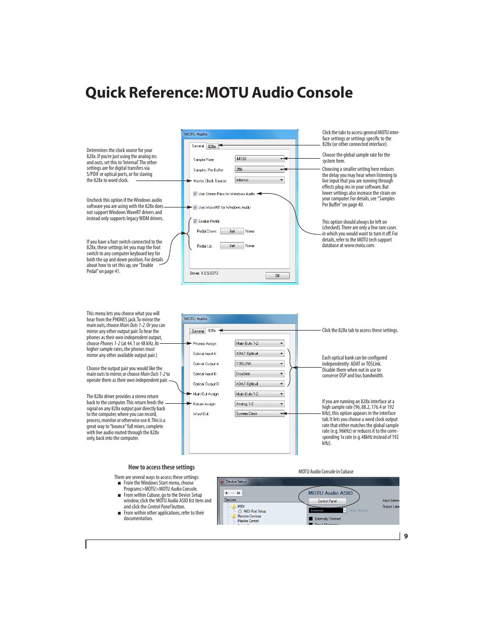 Quick reference: motu audio console, Chapter | MOTU 828x 28x30 Audio Interface with ThunderTechnology User Manual | Page 9 / 126