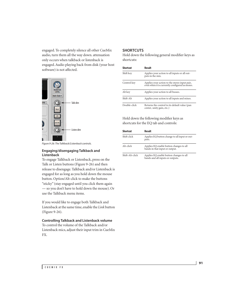 Engaging/disengaging talkback and listenback, Controlling talkback and listenback volume, Shortcuts | MOTU 828x 28x30 Audio Interface with ThunderTechnology User Manual | Page 91 / 126