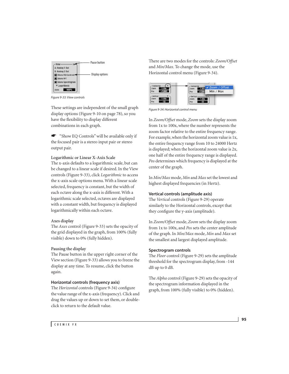 Horizontal controls (frequency axis), Vertical controls (amplitude axis), Spectrogram controls | MOTU 828x 28x30 Audio Interface with ThunderTechnology User Manual | Page 95 / 126