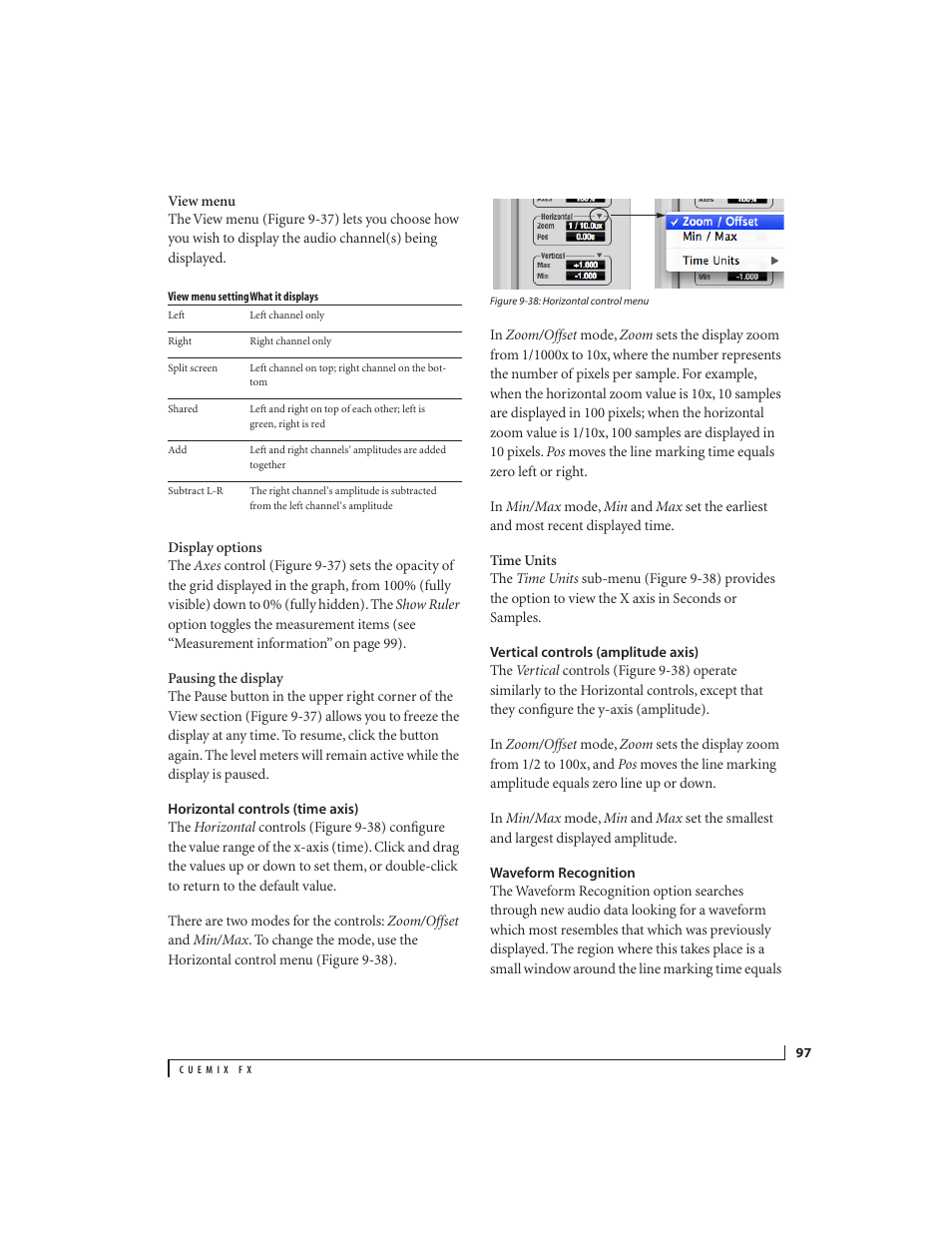 Horizontal controls (time axis), Vertical controls (amplitude axis), Waveform recognition | MOTU 828x 28x30 Audio Interface with ThunderTechnology User Manual | Page 97 / 126