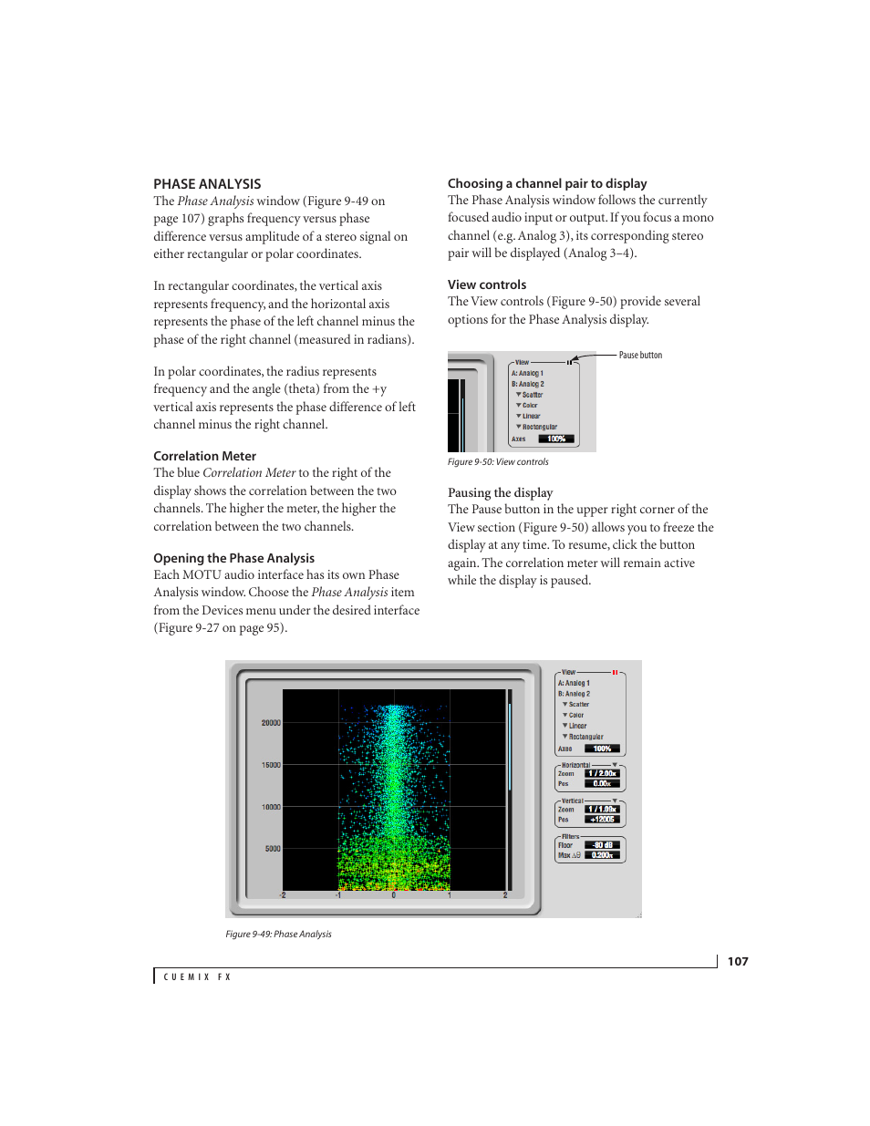 Phase analysis, Correlation meter, Opening the phase analysis | Choosing a channel pair to display, View controls | MOTU 828x 28x30 Audio Interface with ThunderTechnology User Manual | Page 107 / 128