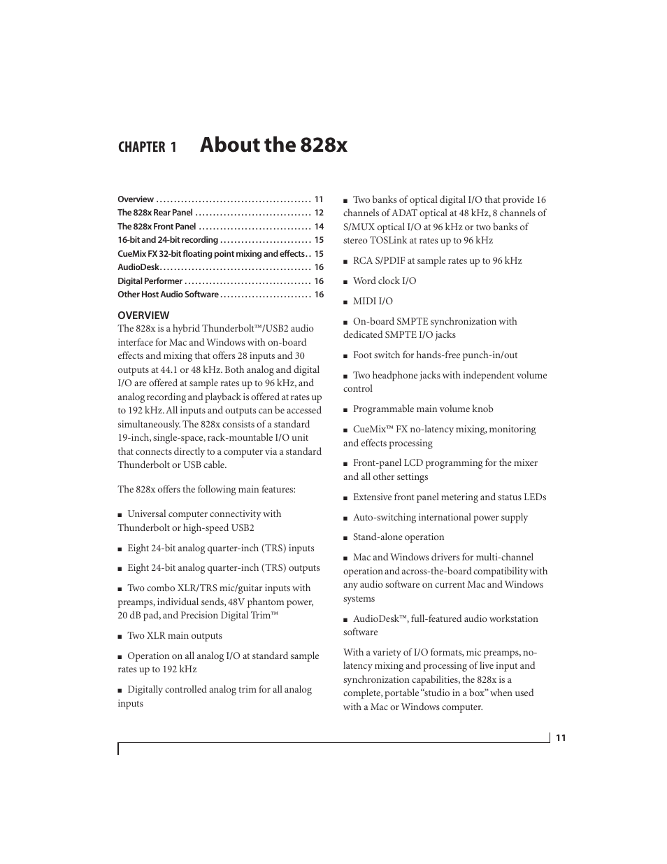 1 about the 828x, Overview, About the 828x | Chapter | MOTU 828x 28x30 Audio Interface with ThunderTechnology User Manual | Page 11 / 128