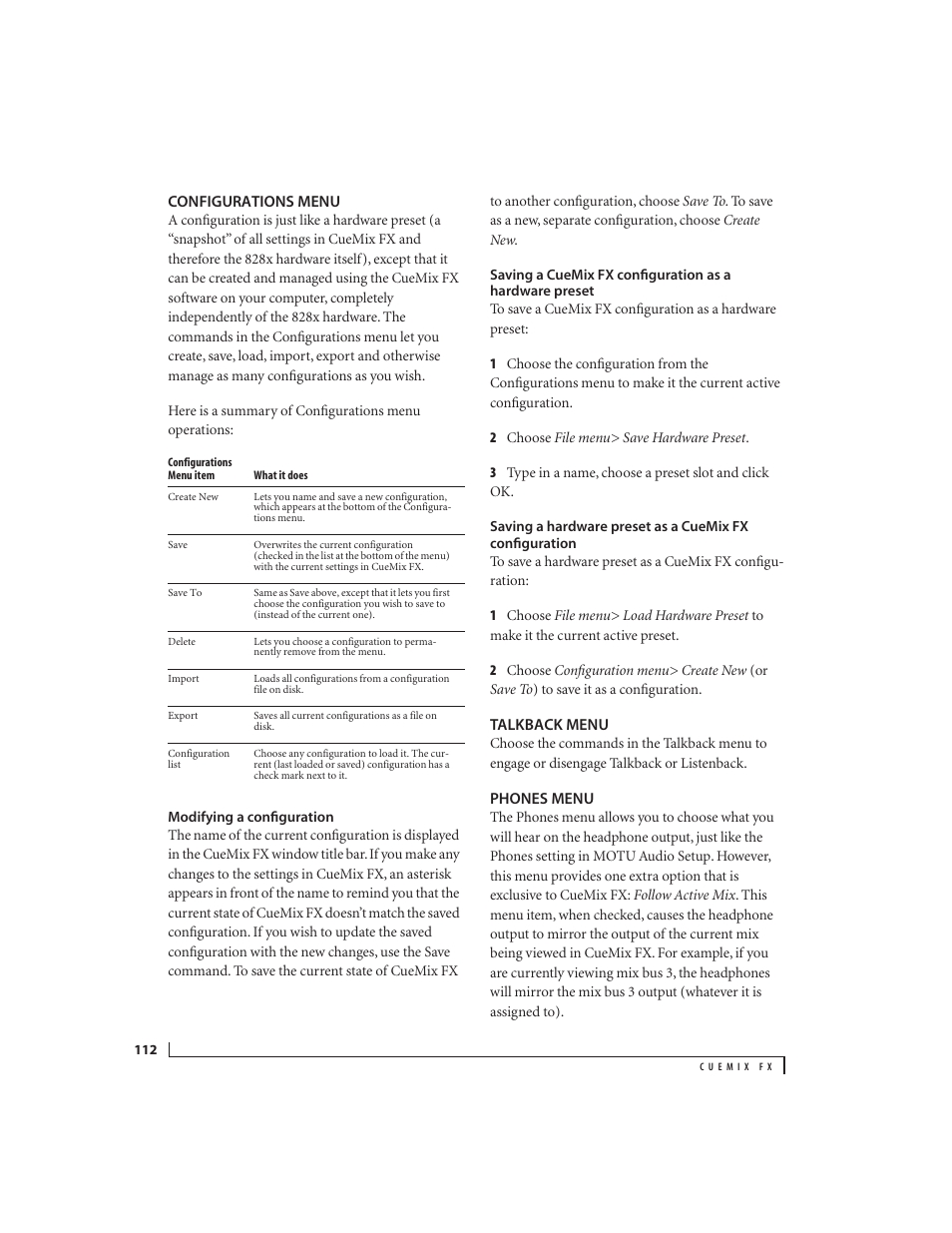 Configurations menu, Modifying a configuration, Talkback menu | Phones menu, Configurations menu talkback menu phones menu | MOTU 828x 28x30 Audio Interface with ThunderTechnology User Manual | Page 112 / 128