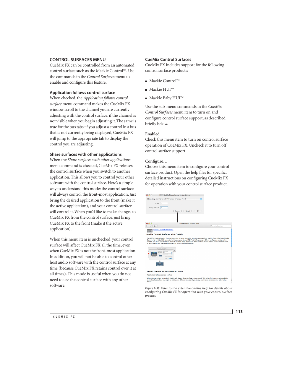 Control surfaces menu, Application follows control surface, Share surfaces with other applications | Cuemix control surfaces | MOTU 828x 28x30 Audio Interface with ThunderTechnology User Manual | Page 113 / 128