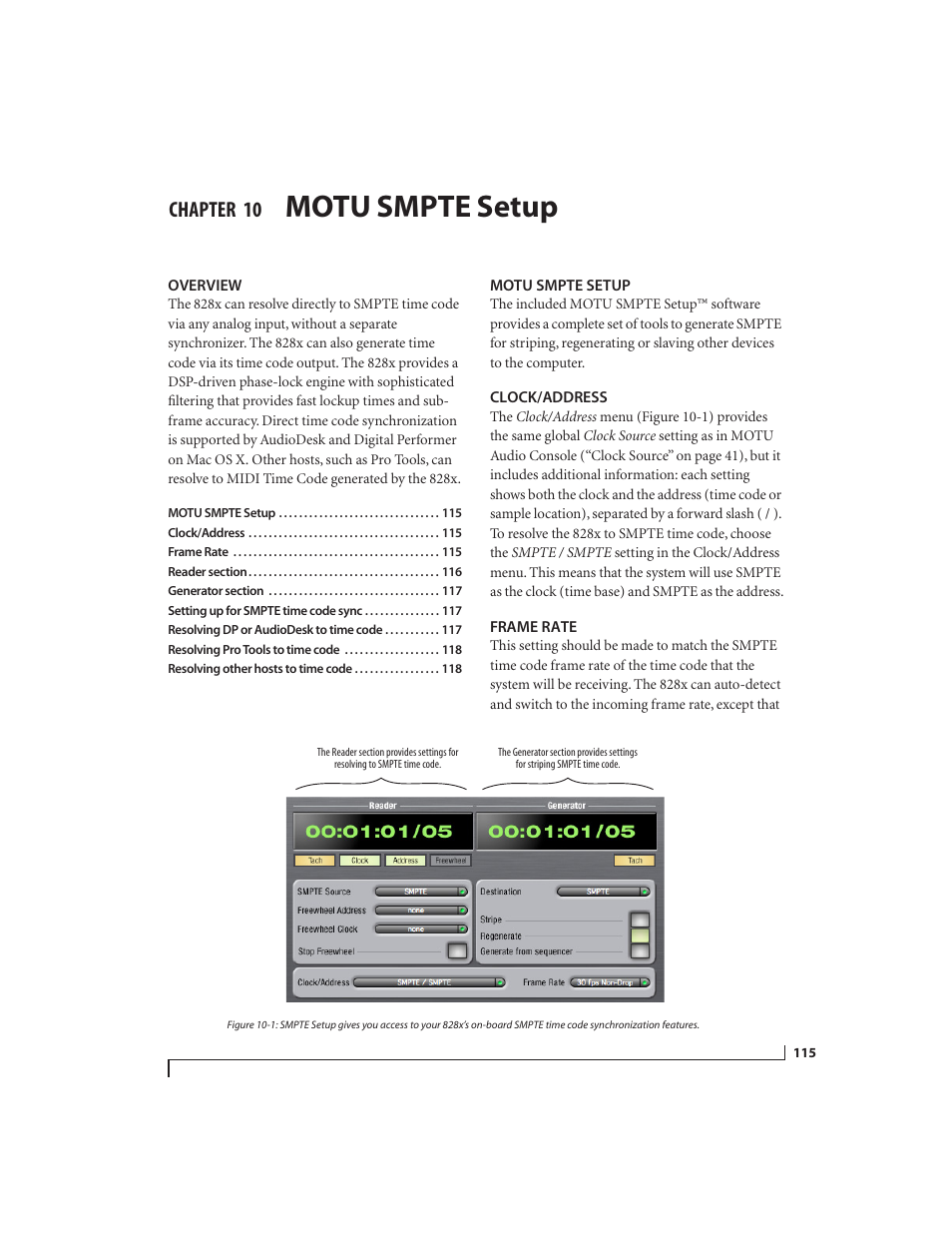 10 motu smpte setup, Overview, Motu smpte setup | Clock/address, Frame rate, Chapter | MOTU 828x 28x30 Audio Interface with ThunderTechnology User Manual | Page 115 / 128