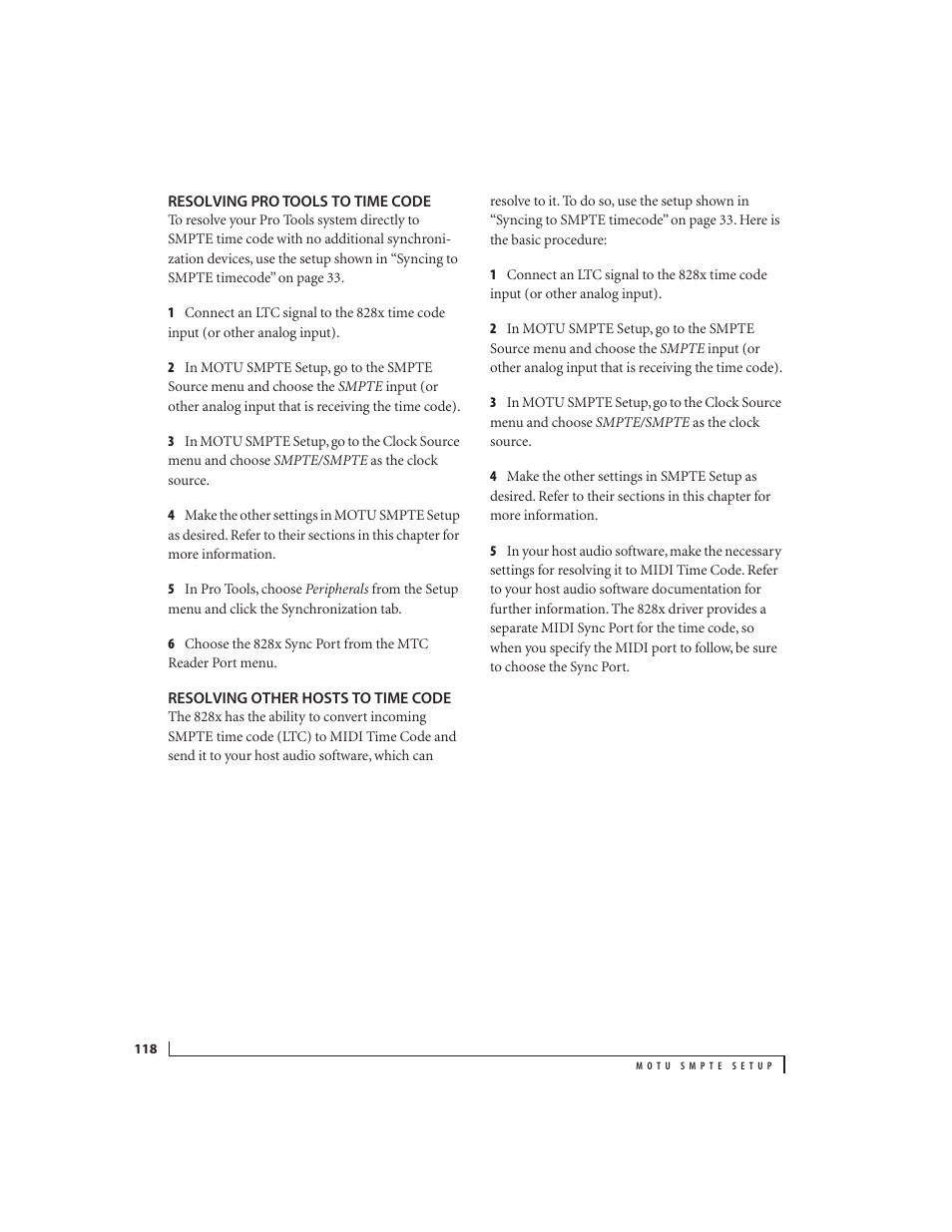 Resolving pro tools to time code, Resolving other hosts to time code | MOTU 828x 28x30 Audio Interface with ThunderTechnology User Manual | Page 118 / 128