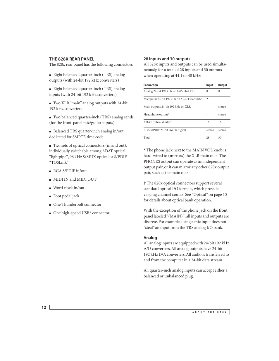 The 828x rear panel, 28 inputs and 30 outputs, Analog | MOTU 828x 28x30 Audio Interface with ThunderTechnology User Manual | Page 12 / 128