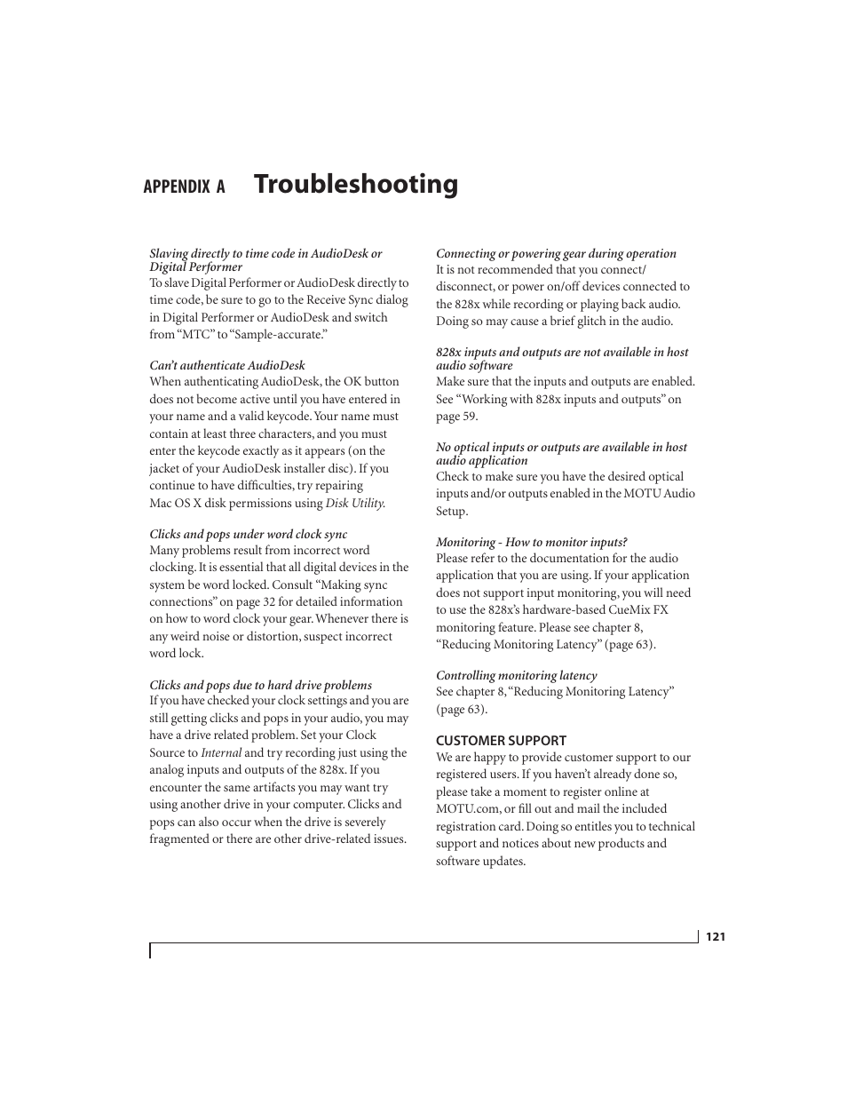 A troubleshooting, Customer support, Troubleshooting | Appendix | MOTU 828x 28x30 Audio Interface with ThunderTechnology User Manual | Page 121 / 128