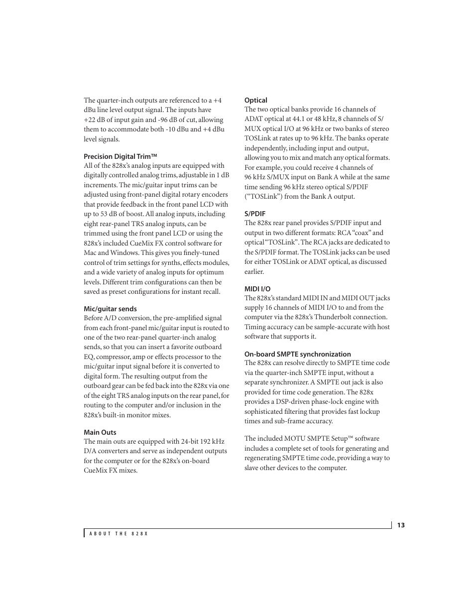 Precision digital trim, Mic/guitar sends, Main outs | Optical, S/pdif, Midi i/o, On-board smpte synchronization | MOTU 828x 28x30 Audio Interface with ThunderTechnology User Manual | Page 13 / 128