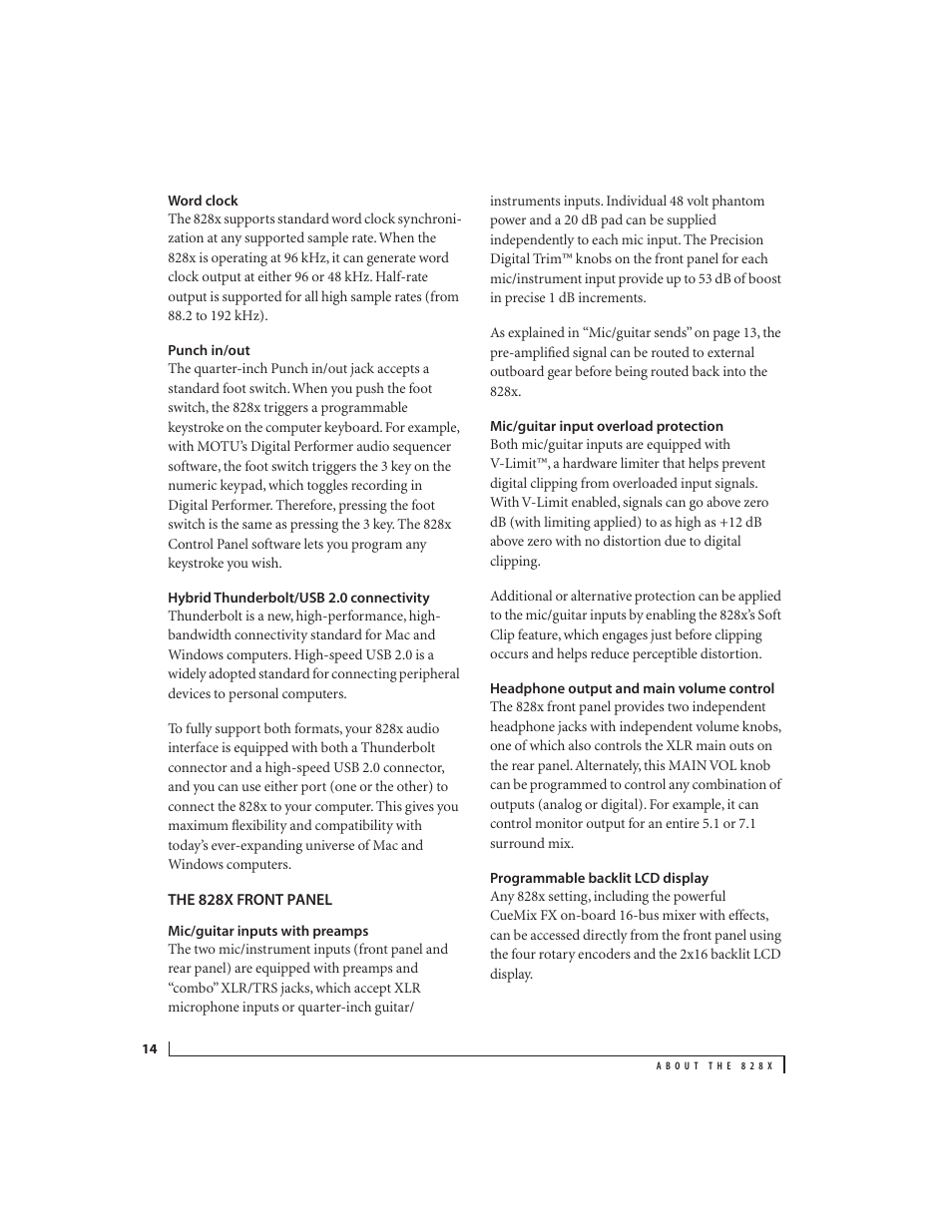 Word clock, Punch in/out, Hybrid thunderbolt/usb 2.0 connectivity | The 828x front panel, Mic/guitar inputs with preamps, Mic/guitar input overload protection, Headphone output and main volume control, Programmable backlit lcd display | MOTU 828x 28x30 Audio Interface with ThunderTechnology User Manual | Page 14 / 128