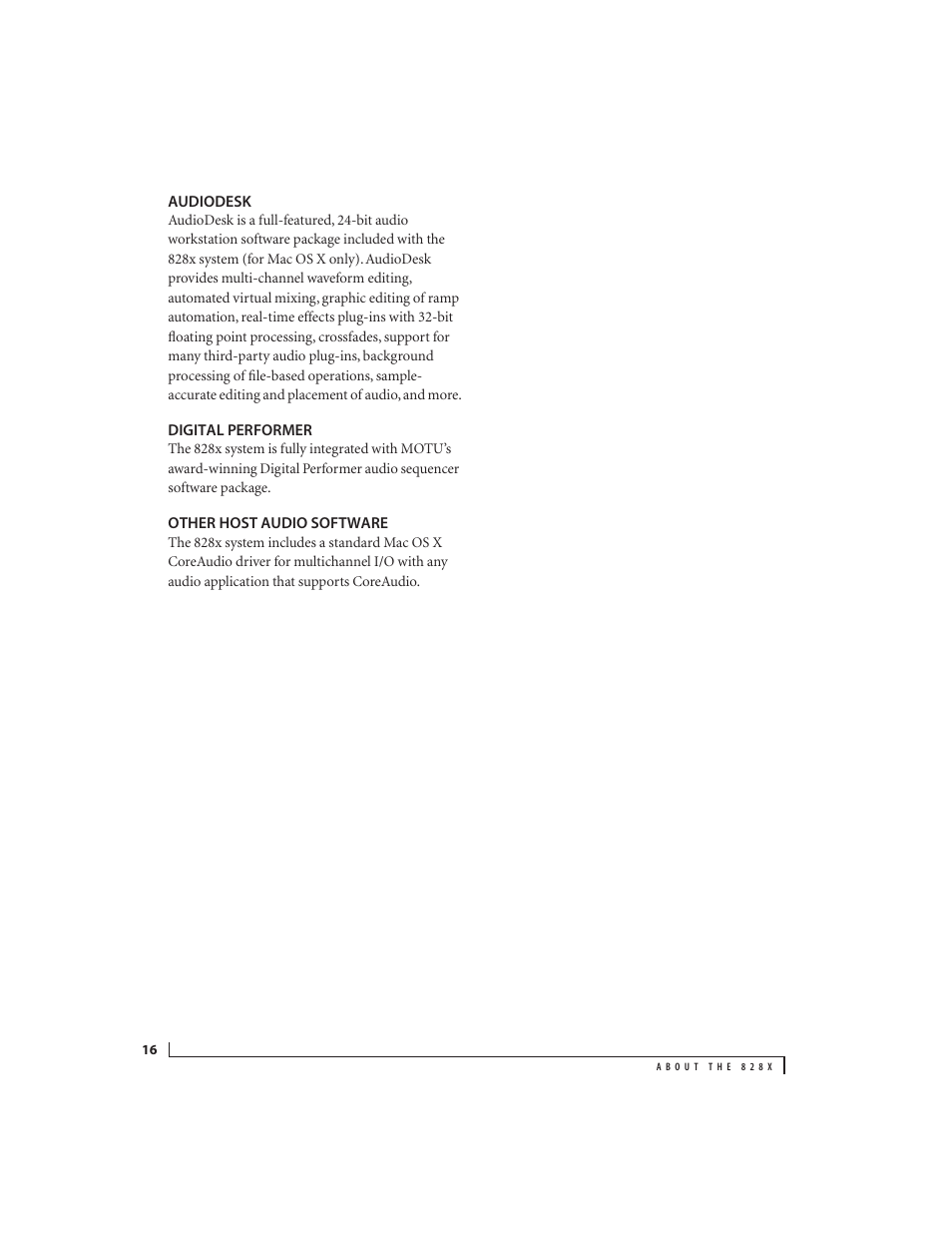 Audiodesk, Digital performer, Other host audio software | MOTU 828x 28x30 Audio Interface with ThunderTechnology User Manual | Page 16 / 128