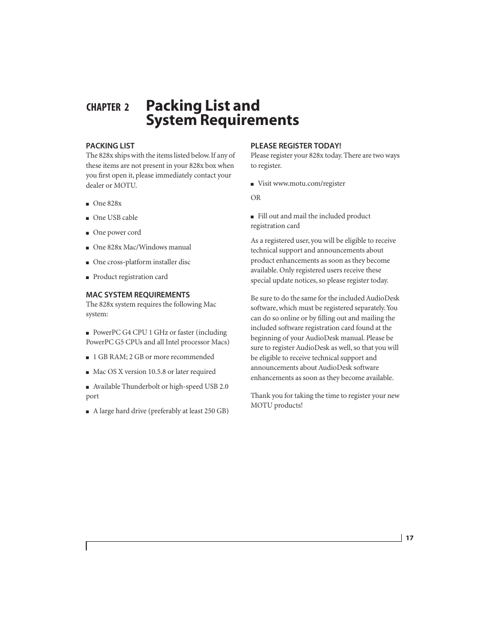 2 packing list and system requirements, Packing list, Mac system requirements | Please register today, Packing list and system requirements, Chapter | MOTU 828x 28x30 Audio Interface with ThunderTechnology User Manual | Page 17 / 128