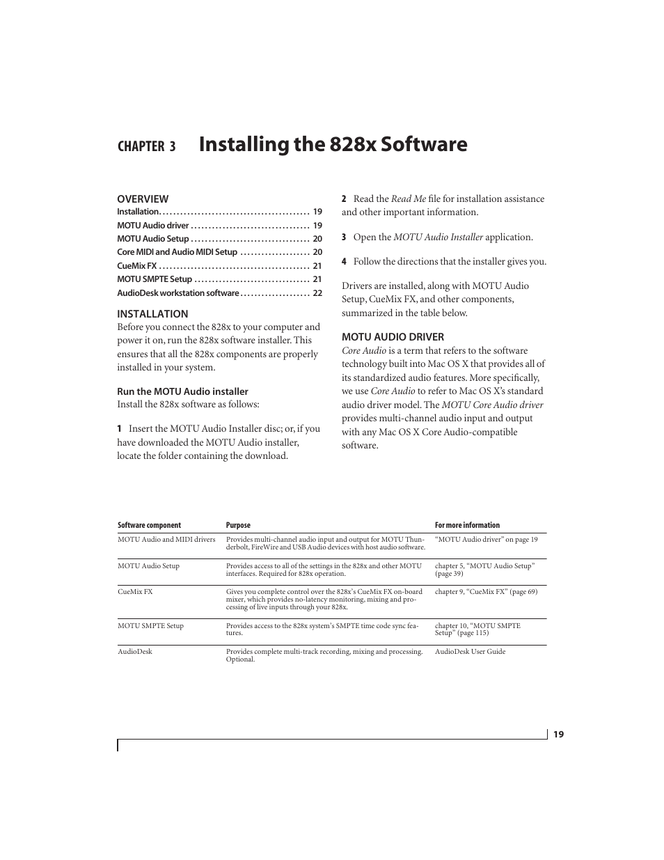 3 installing the 828x software, Overview, Installation | Run the motu audio installer, Motu audio driver, Installing the 828x software, Chapter | MOTU 828x 28x30 Audio Interface with ThunderTechnology User Manual | Page 19 / 128