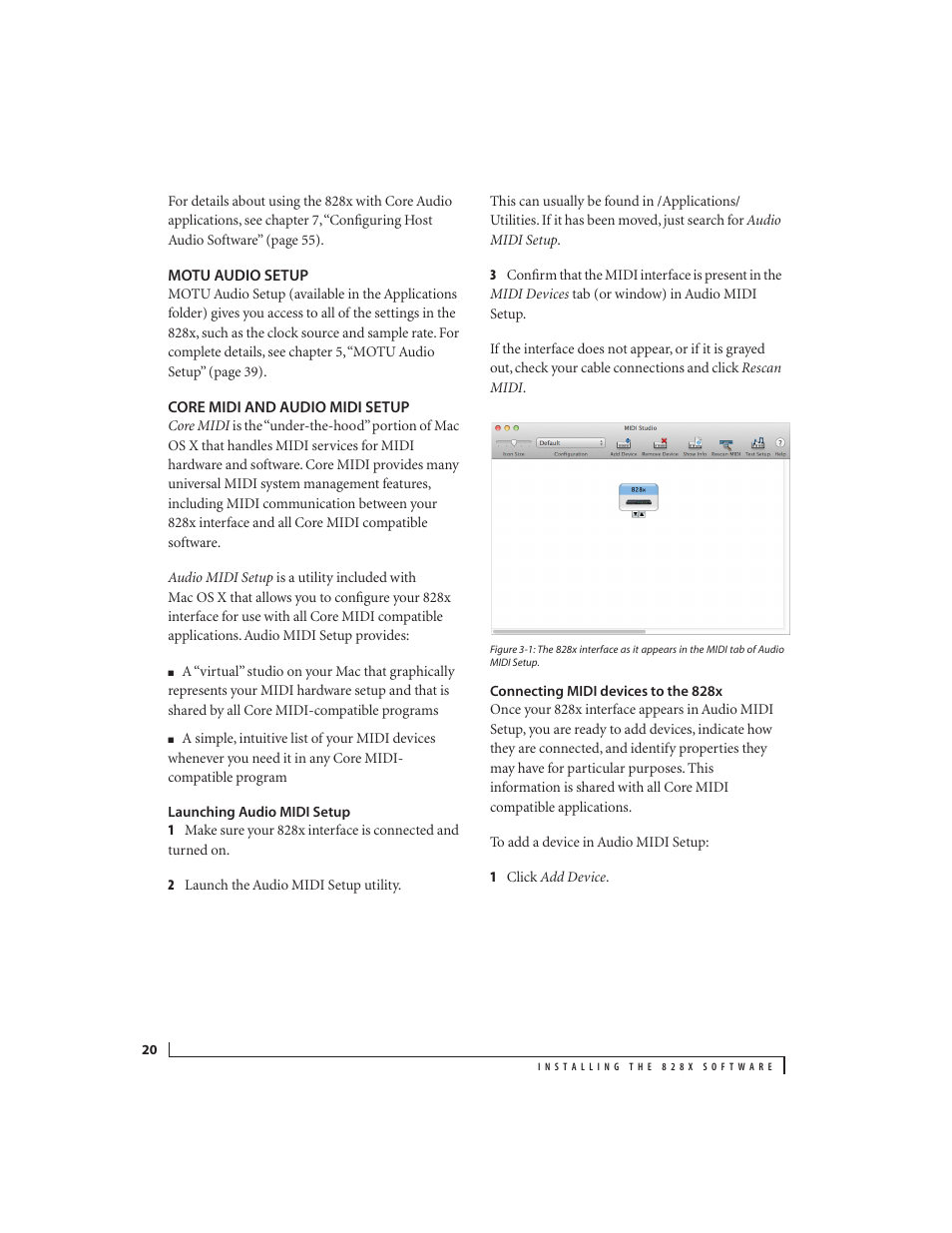 Motu audio setup, Core midi and audio midi setup, Launching audio midi setup | Connecting midi devices to the 828x | MOTU 828x 28x30 Audio Interface with ThunderTechnology User Manual | Page 20 / 128