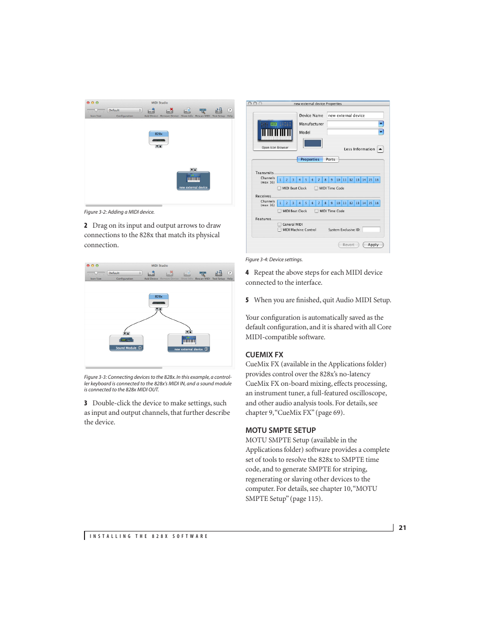 Cuemix fx, Motu smpte setup | MOTU 828x 28x30 Audio Interface with ThunderTechnology User Manual | Page 21 / 128