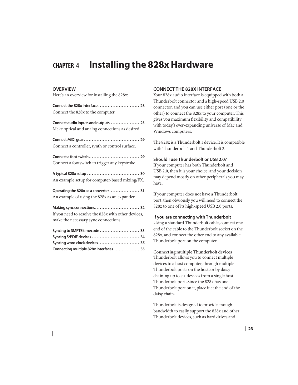 4 installing the 828x hardware, Overview, Connect the 828x interface | Should i use thunderbolt or usb 2.0, If you are connecting with thunderbolt, Installing the 828x hardware, Chapter | MOTU 828x 28x30 Audio Interface with ThunderTechnology User Manual | Page 23 / 128