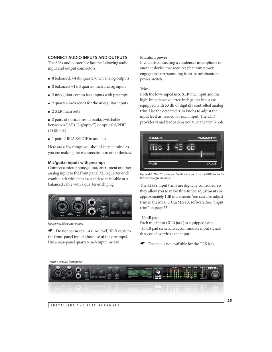 Connect audio inputs and outputs, Mic/guitar inputs with preamps | MOTU 828x 28x30 Audio Interface with ThunderTechnology User Manual | Page 25 / 128