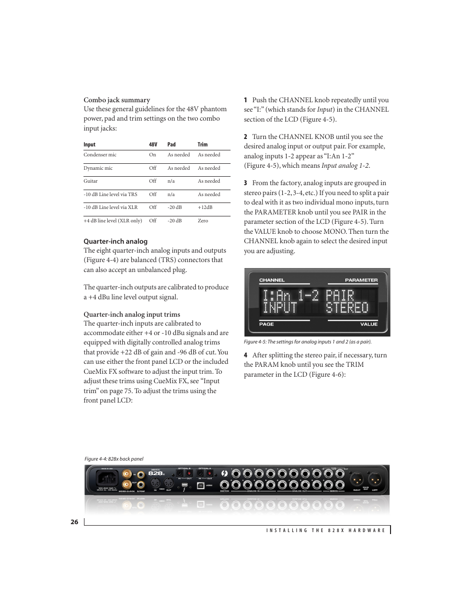 Quarter-inch analog | MOTU 828x 28x30 Audio Interface with ThunderTechnology User Manual | Page 26 / 128