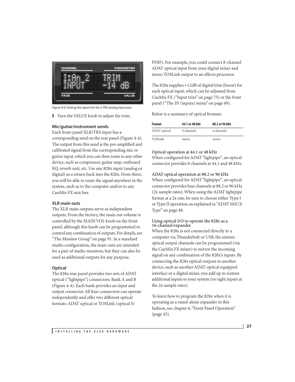 Mic/guitar/instrument sends, Xlr main outs, Optical | D (figure 4-6) | MOTU 828x 28x30 Audio Interface with ThunderTechnology User Manual | Page 27 / 128