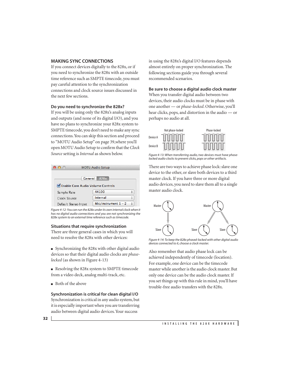 Making sync connections, Do you need to synchronize the 828x, Situations that require synchronization | Synchronization is critical for clean digital i/o, Be sure to choose a digital audio clock master | MOTU 828x 28x30 Audio Interface with ThunderTechnology User Manual | Page 32 / 128