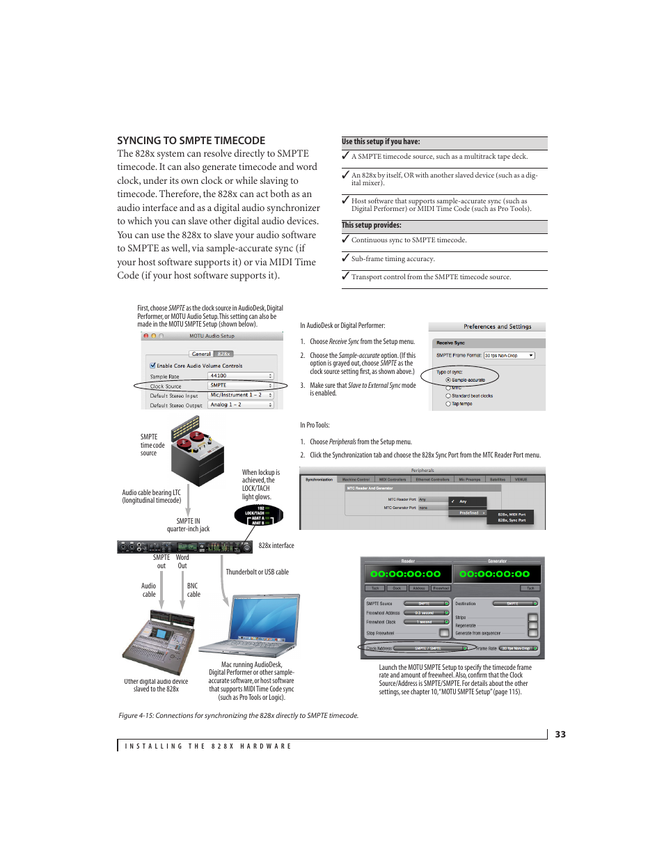 Syncing to smpte timecode | MOTU 828x 28x30 Audio Interface with ThunderTechnology User Manual | Page 33 / 128