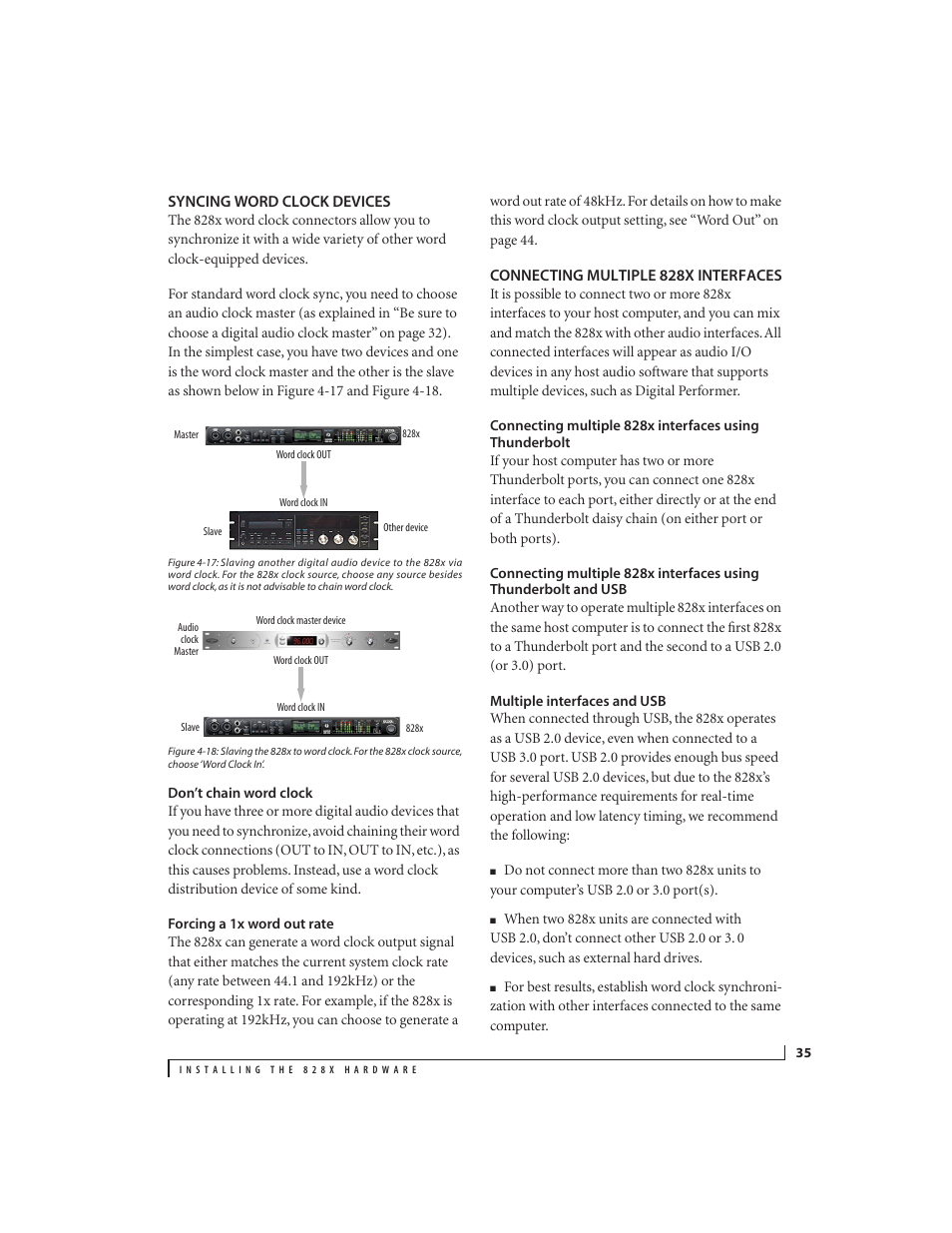 Syncing word clock devices, Don’t chain word clock, Forcing a 1x word out rate | Connecting multiple 828x interfaces, Multiple interfaces and usb, Underbolt, Connec, Ting multiple 828x in | MOTU 828x 28x30 Audio Interface with ThunderTechnology User Manual | Page 35 / 128