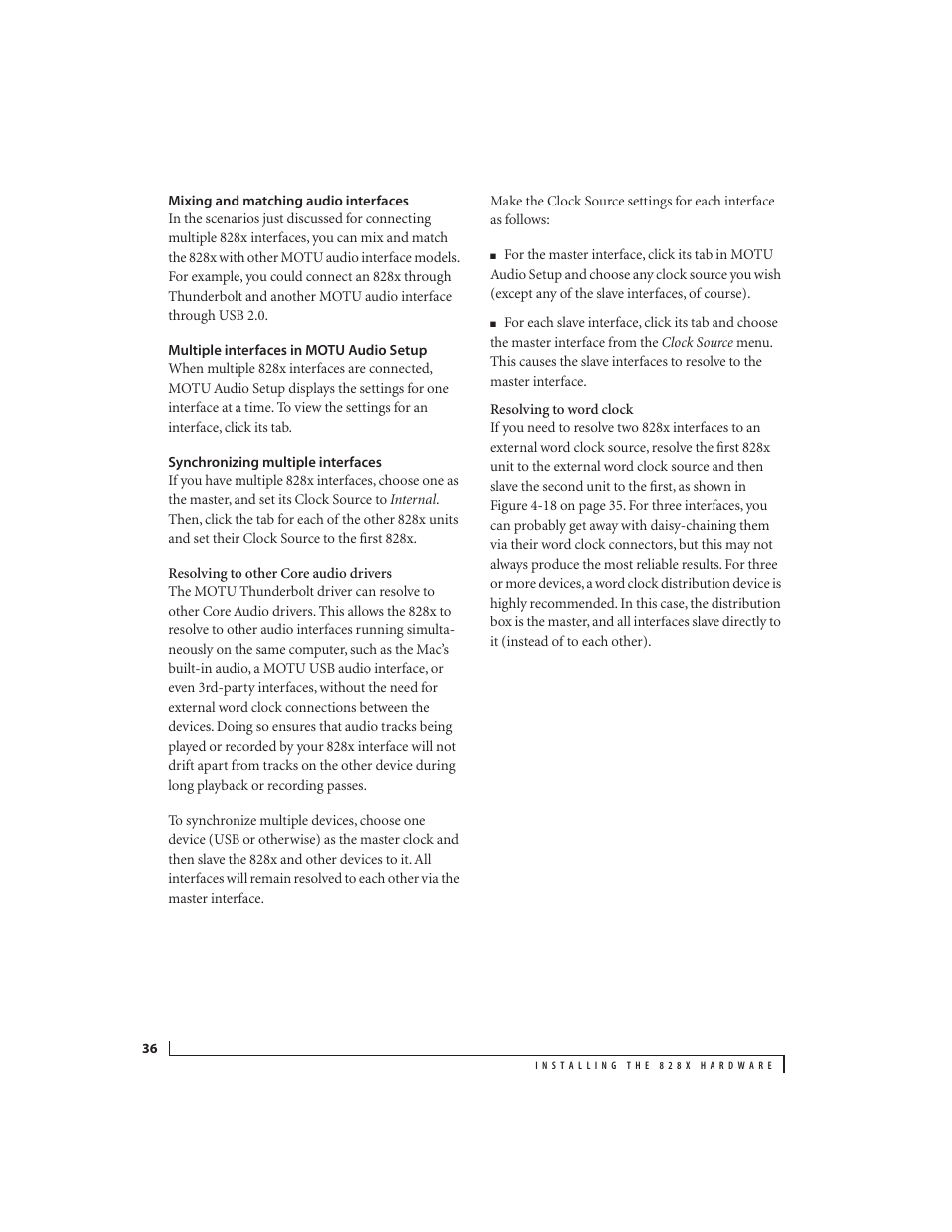 Mixing and matching audio interfaces, Multiple interfaces in motu audio setup, Synchronizing multiple interfaces | MOTU 828x 28x30 Audio Interface with ThunderTechnology User Manual | Page 36 / 128