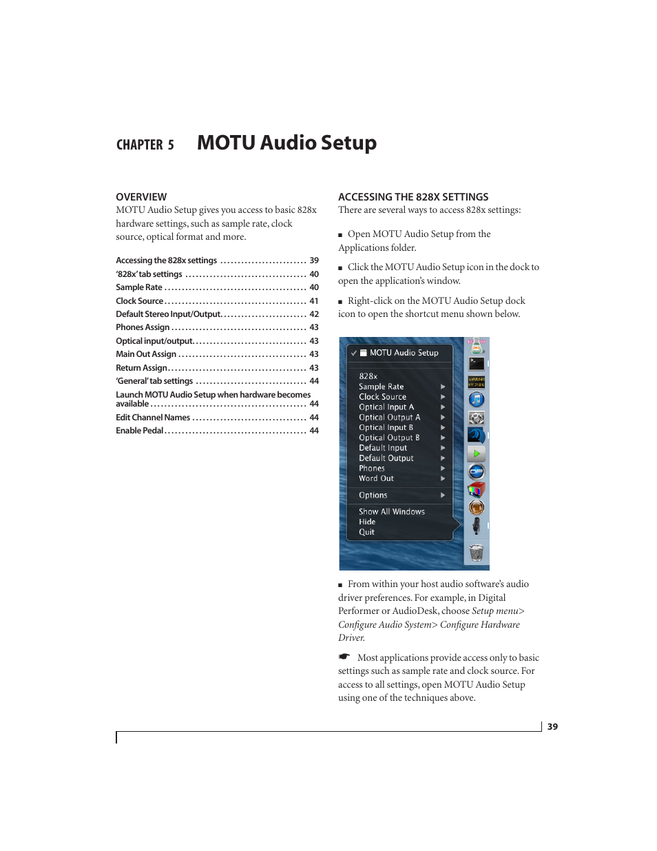 5 motu audio setup, Overview, Accessing the 828x settings | Motu audio setup, Chapter | MOTU 828x 28x30 Audio Interface with ThunderTechnology User Manual | Page 39 / 128