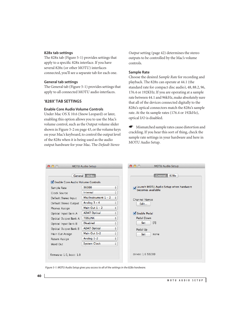 828x tab settings, General tab settings, 828x’ tab settings | Enable core audio volume controls, Sample rate | MOTU 828x 28x30 Audio Interface with ThunderTechnology User Manual | Page 40 / 128