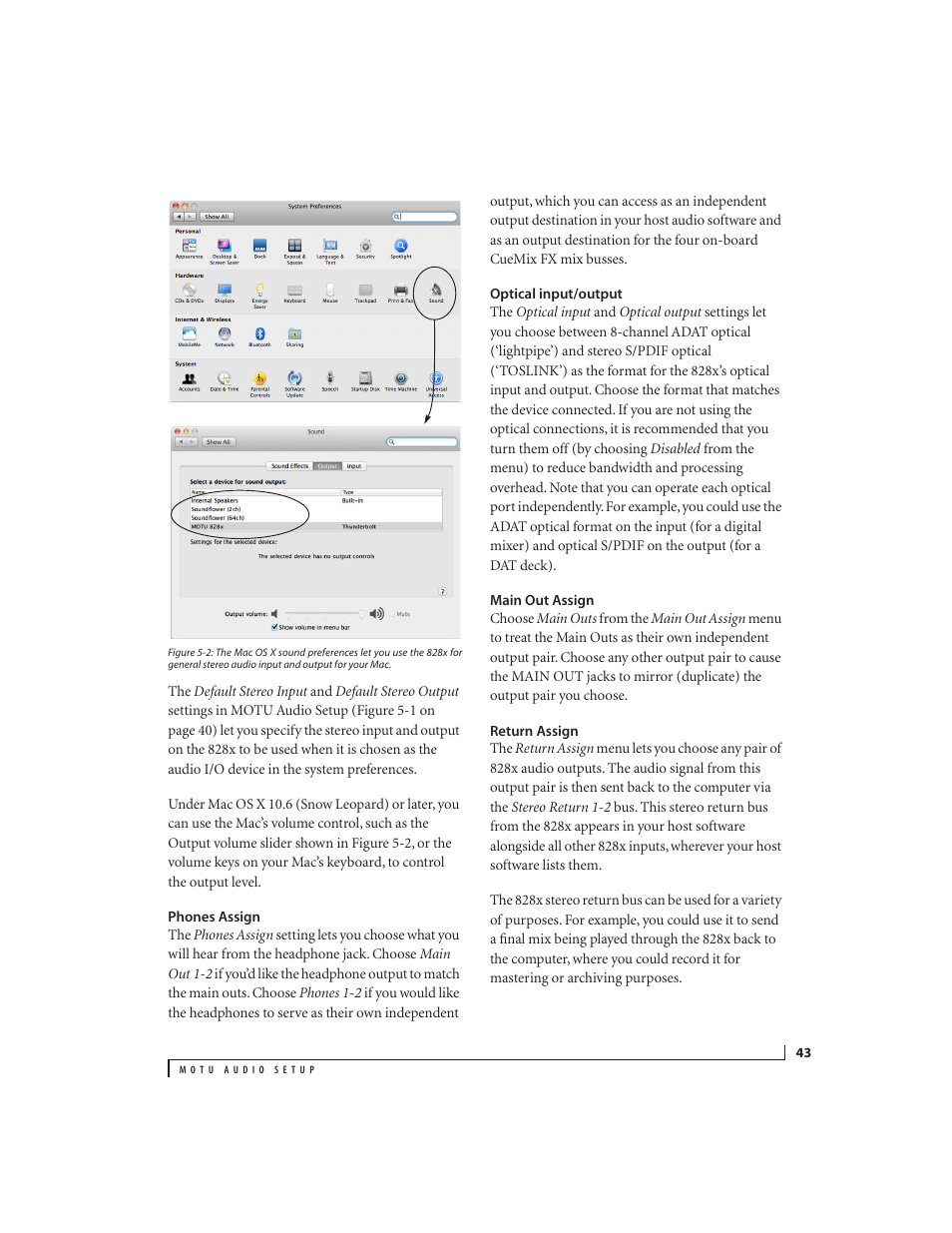 Phones assign, Optical input/output, Main out assign | Return assign, Ptical input/output, Ed in “return | MOTU 828x 28x30 Audio Interface with ThunderTechnology User Manual | Page 43 / 128