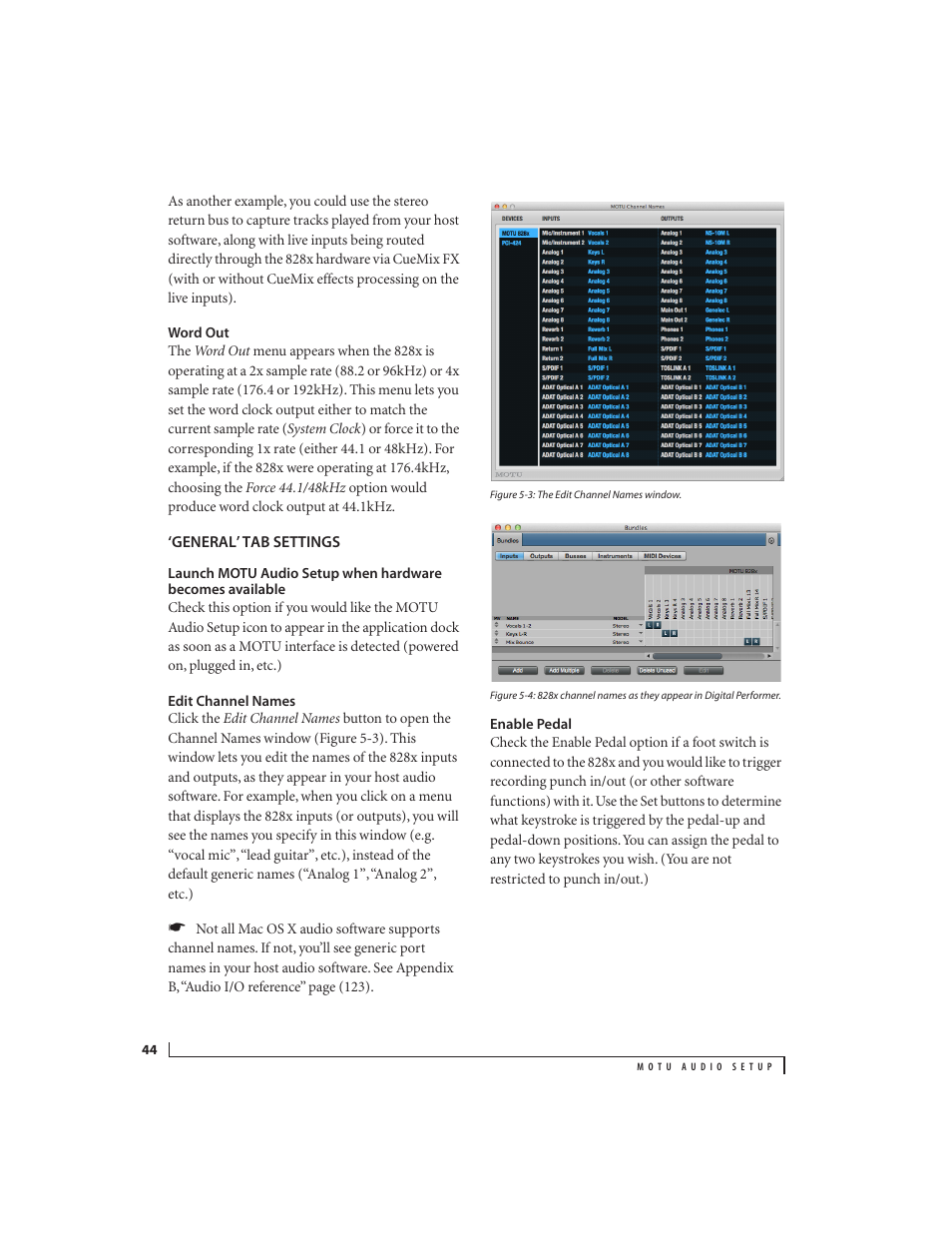 Word out, General’ tab settings, Edit channel names | Enable pedal, Ing r, Ding, Or details, Edal | MOTU 828x 28x30 Audio Interface with ThunderTechnology User Manual | Page 44 / 128