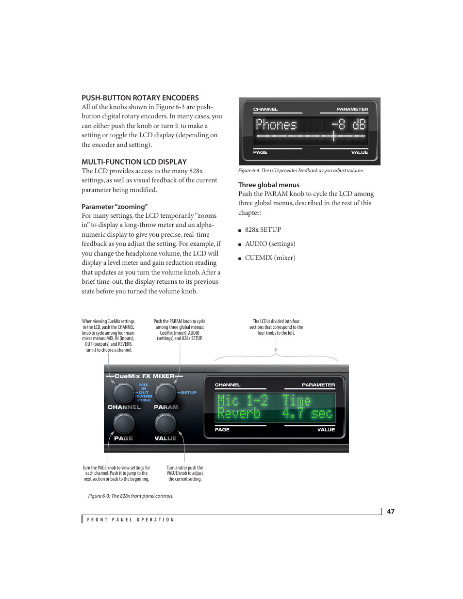 Push-button rotary encoders, Multi-function lcd display, Parameter “zooming | Three global menus | MOTU 828x 28x30 Audio Interface with ThunderTechnology User Manual | Page 47 / 128