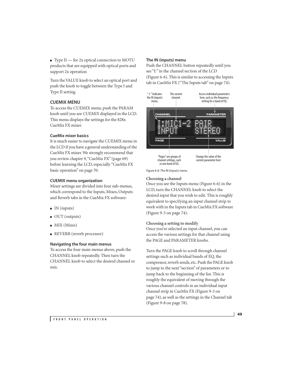 Cuemix menu, Cuemix mixer basics, Cuemix menu organization | Navigating the four main menus, The in (inputs) menu | MOTU 828x 28x30 Audio Interface with ThunderTechnology User Manual | Page 49 / 128