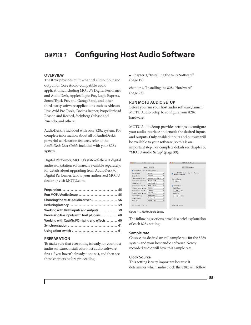 7 configuring host audio software, Overview, Preparation | Run motu audio setup, Sample rate, Clock source, Configuring host audio software, Chapter | MOTU 828x 28x30 Audio Interface with ThunderTechnology User Manual | Page 55 / 128