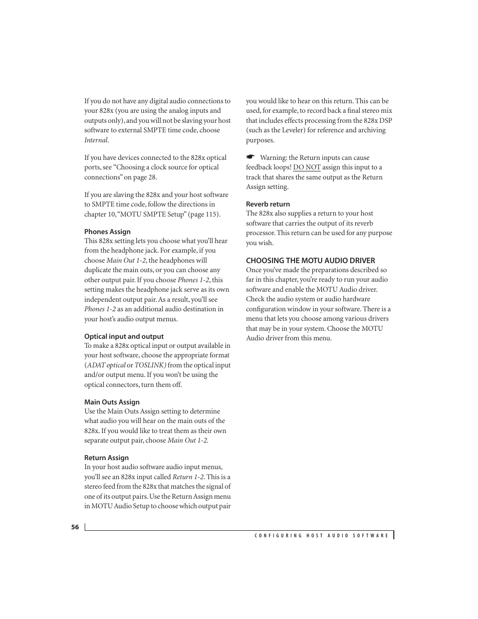 Phones assign, Optical input and output, Main outs assign | Return assign, Reverb return, Choosing the motu audio driver | MOTU 828x 28x30 Audio Interface with ThunderTechnology User Manual | Page 56 / 128