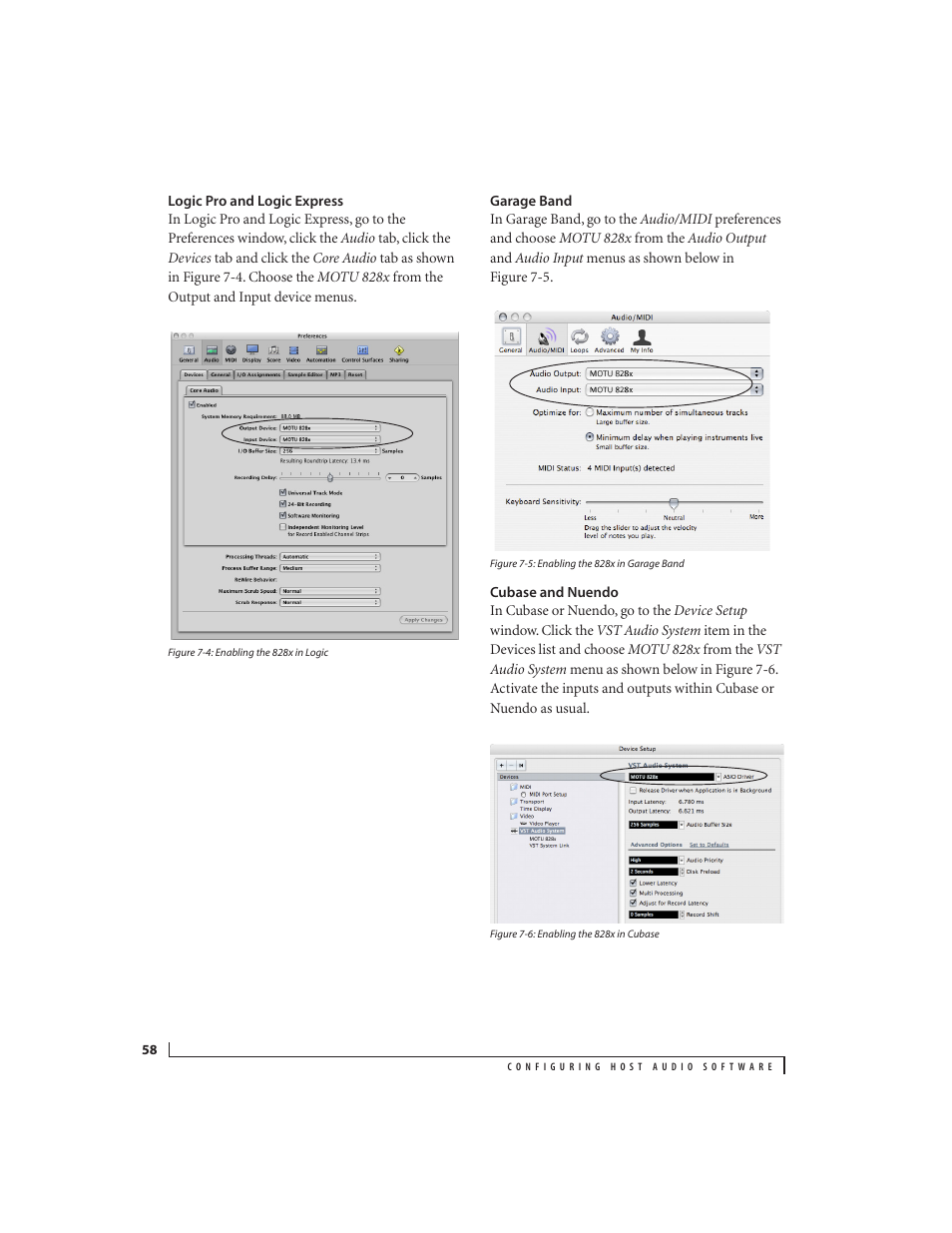 Logic pro and logic express, Garage band, Cubase and nuendo | MOTU 828x 28x30 Audio Interface with ThunderTechnology User Manual | Page 58 / 128