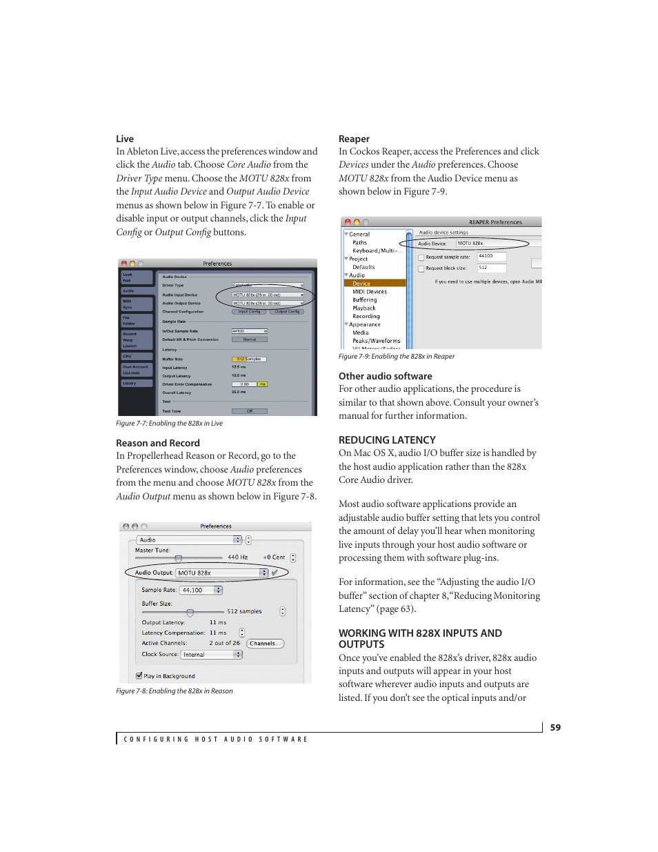 Live, Reason and record, Reaper | Other audio software, Reducing latency, Working with 828x inputs and outputs | MOTU 828x 28x30 Audio Interface with ThunderTechnology User Manual | Page 59 / 128