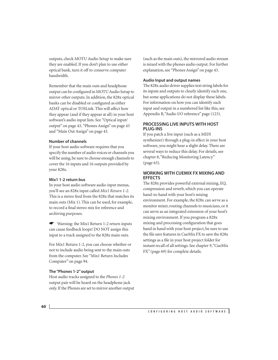 Number of channels, Mix1 1-2 return bus, The “phones 1-2” output | Audio input and output names, Processing live inputs with host plug-ins, Working with cuemix fx mixing and effects | MOTU 828x 28x30 Audio Interface with ThunderTechnology User Manual | Page 60 / 128