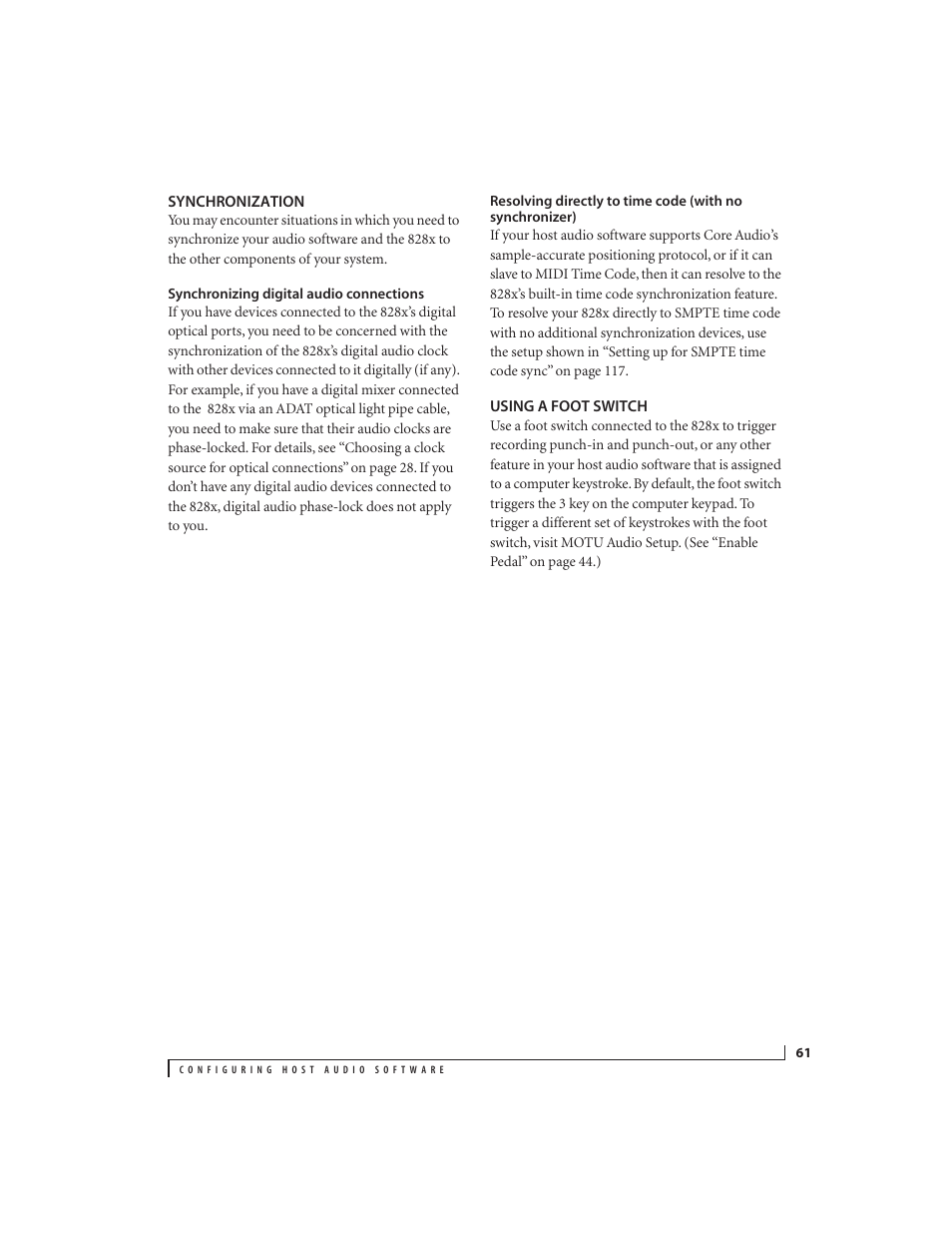 Synchronization, Synchronizing digital audio connections, Using a foot switch | MOTU 828x 28x30 Audio Interface with ThunderTechnology User Manual | Page 61 / 128