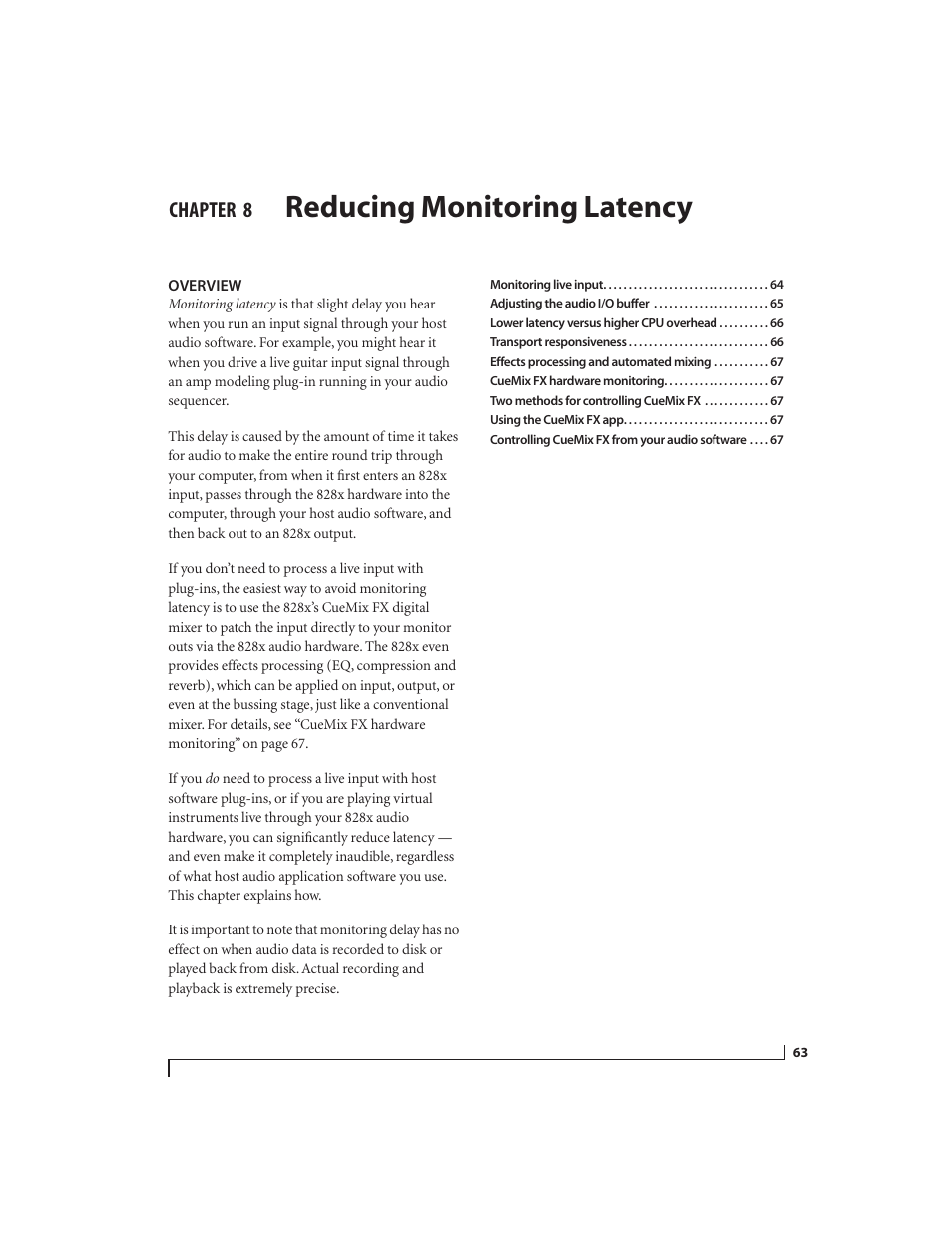 8 reducing monitoring latency, Overview, Reducing monitoring latency | Chapter | MOTU 828x 28x30 Audio Interface with ThunderTechnology User Manual | Page 63 / 128