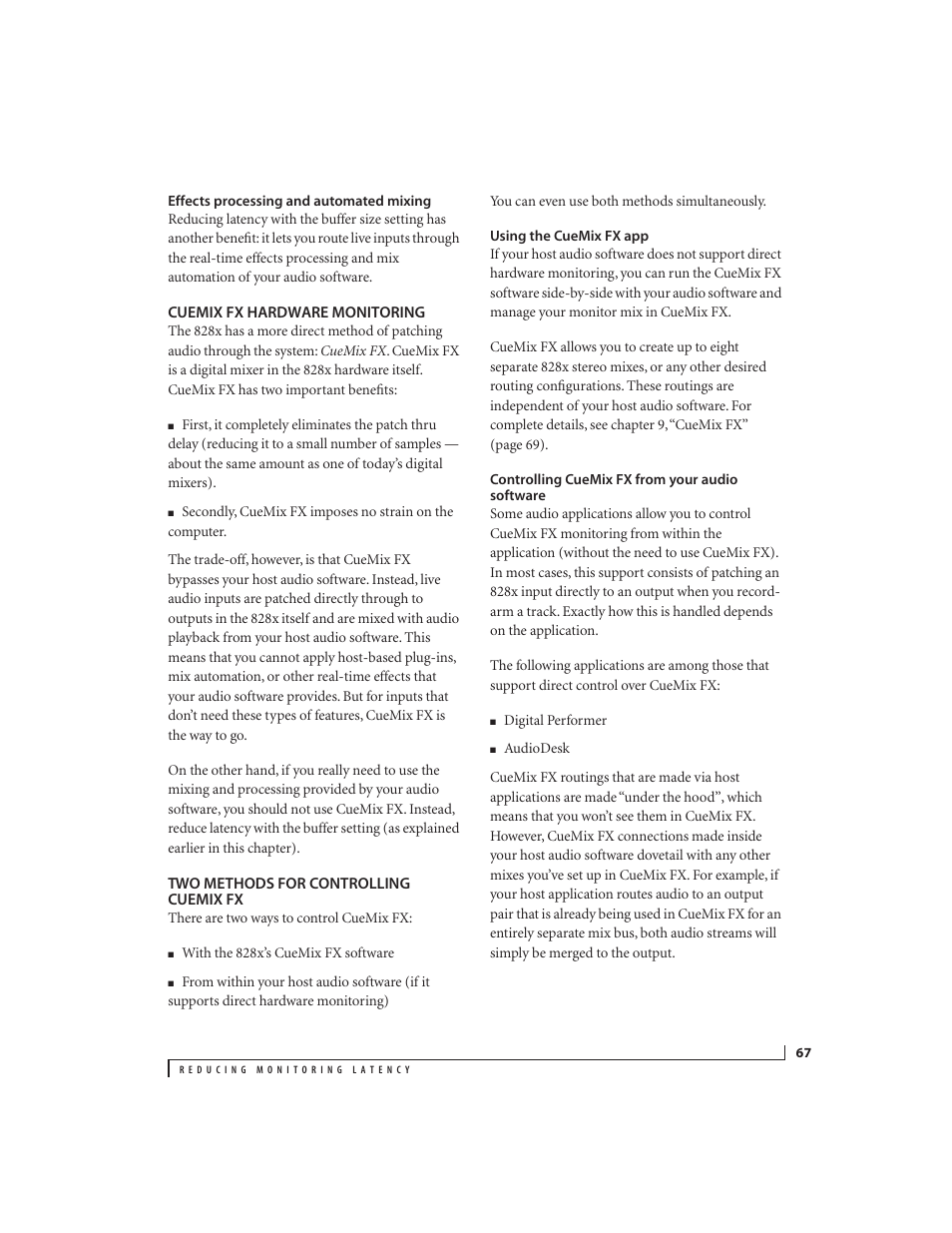 Effects processing and automated mixing, Cuemix fx hardware monitoring, Two methods for controlling cuemix fx | Using the cuemix fx app, Controlling cuemix fx from your audio software | MOTU 828x 28x30 Audio Interface with ThunderTechnology User Manual | Page 67 / 128