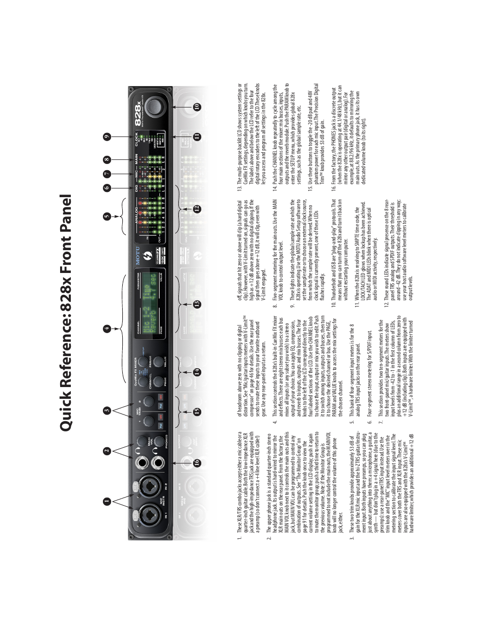 Quick reference: 828x front panel | MOTU 828x 28x30 Audio Interface with ThunderTechnology User Manual | Page 7 / 128