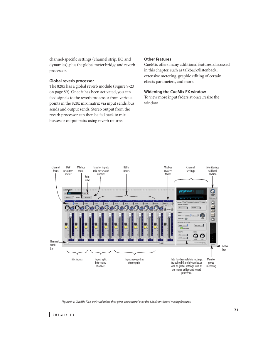 Global reverb processor, Other features, Widening the cuemix fx window | MOTU 828x 28x30 Audio Interface with ThunderTechnology User Manual | Page 71 / 128