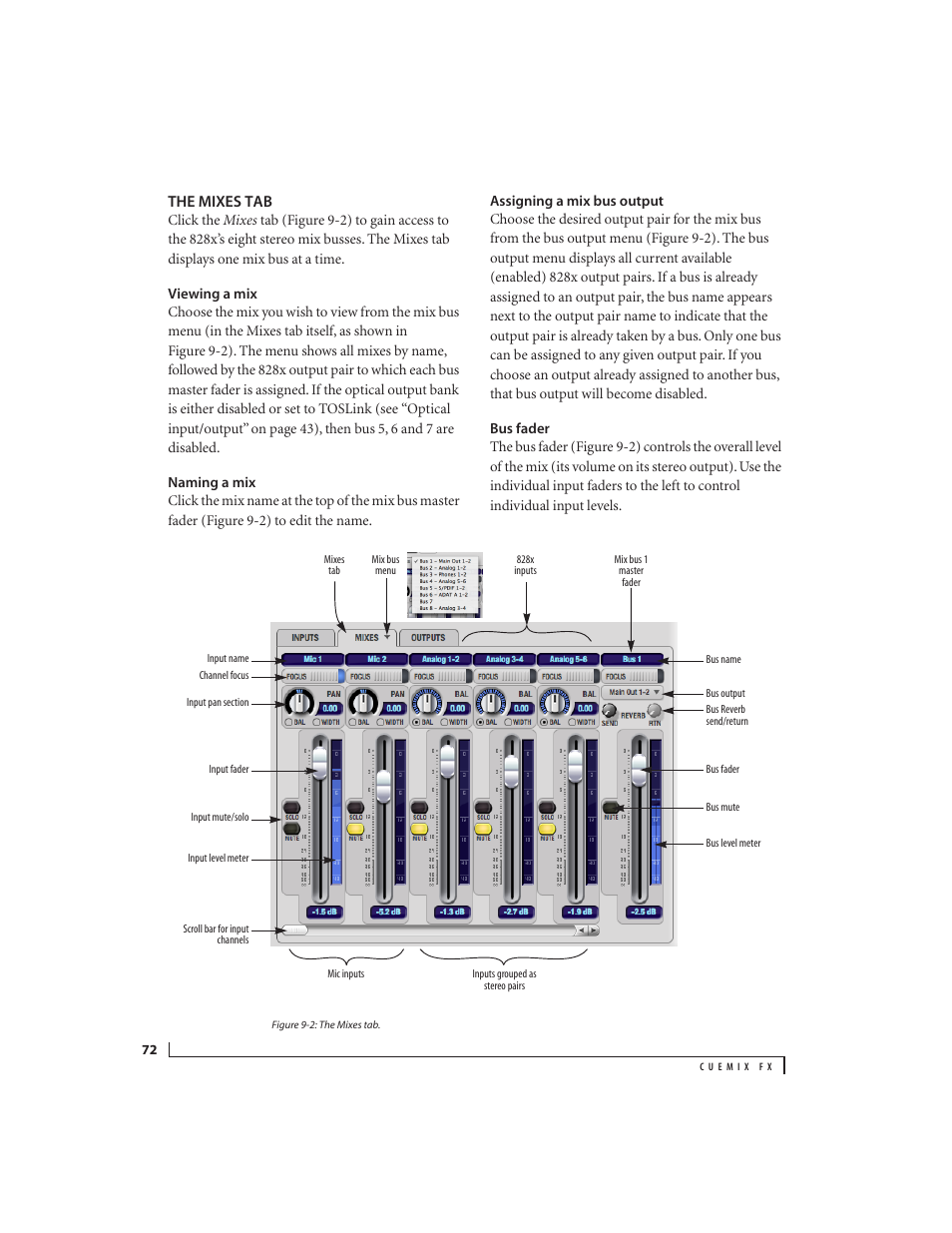 The mixes tab, Viewing a mix, Naming a mix | Assigning a mix bus output, Bus fader | MOTU 828x 28x30 Audio Interface with ThunderTechnology User Manual | Page 72 / 128