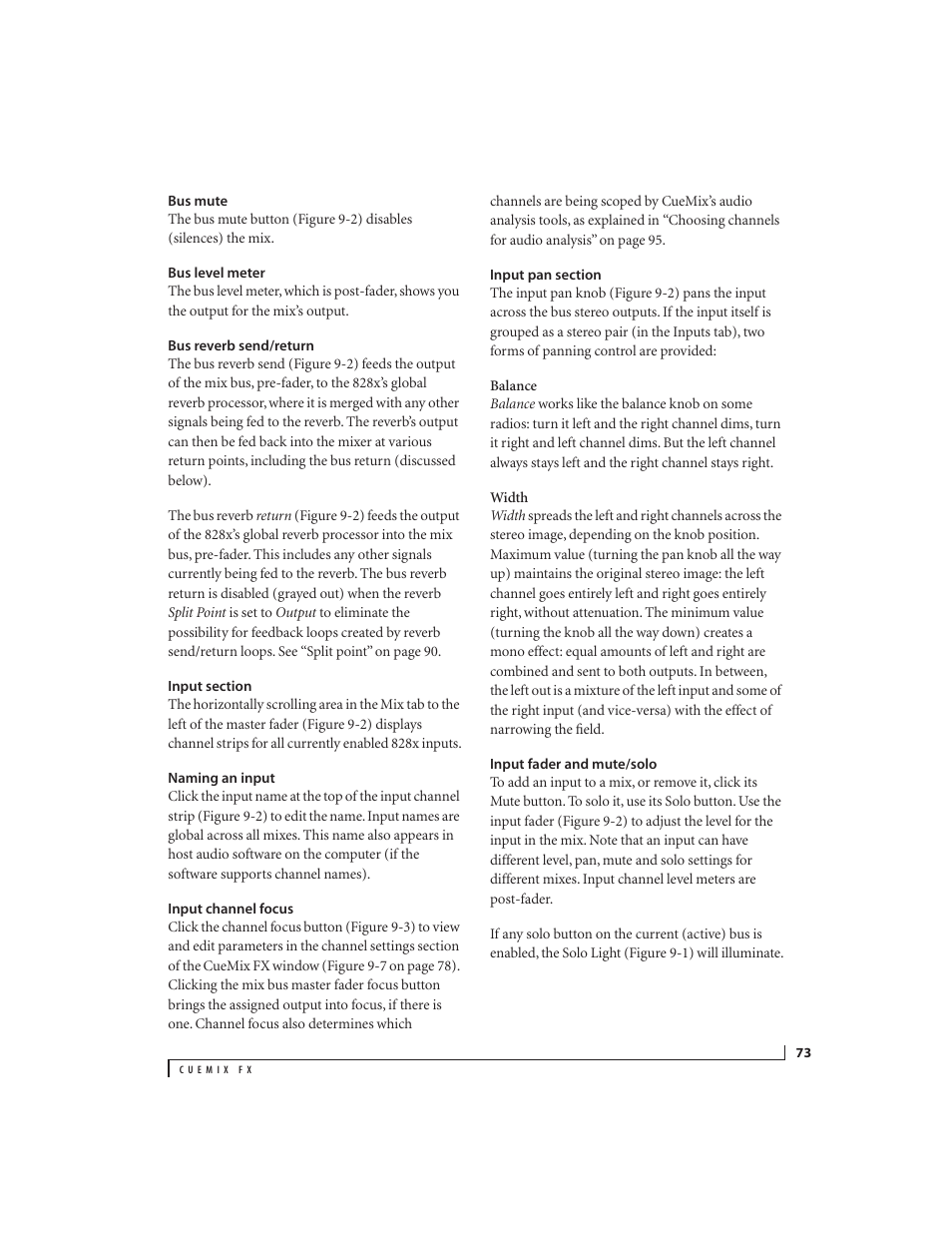 Bus mute, Bus level meter, Bus reverb send/return | Input section, Naming an input, Input channel focus, Input pan section, Input fader and mute/solo | MOTU 828x 28x30 Audio Interface with ThunderTechnology User Manual | Page 73 / 128