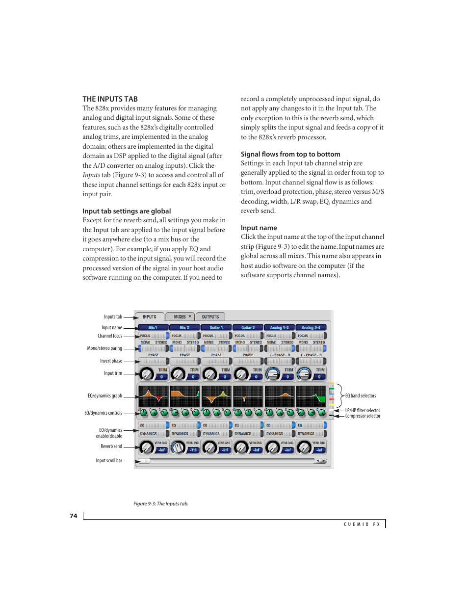 The inputs tab, Input tab settings are global, Signal flows from top to bottom | Input name | MOTU 828x 28x30 Audio Interface with ThunderTechnology User Manual | Page 74 / 128