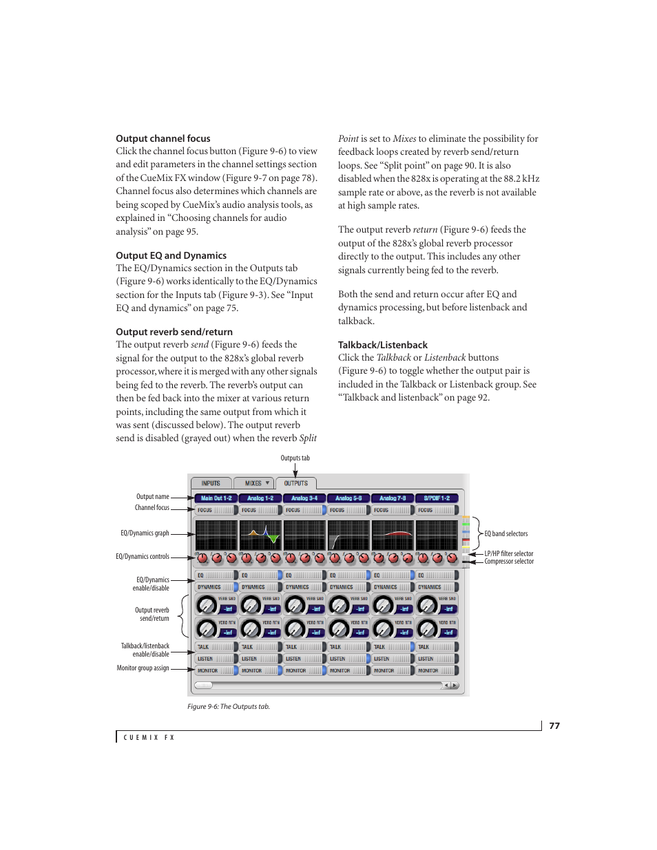 Output channel focus, Output eq and dynamics, Output reverb send/return | Talkback/listenback | MOTU 828x 28x30 Audio Interface with ThunderTechnology User Manual | Page 77 / 128